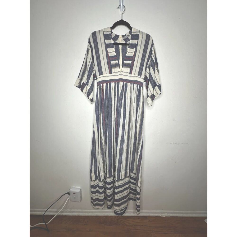 Three Graces London Ferrer Tan Blue Red Stripe Short Cuff Sleeve V-Neck Dress 10 - Picture 5 of 16